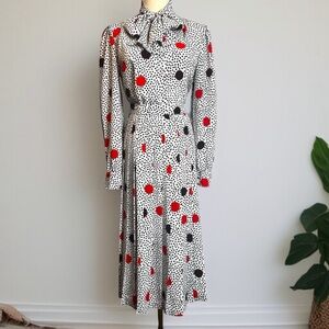 Vintage Red & Black Polka Dot Set Neck Tie Blouse Pleated Skirt